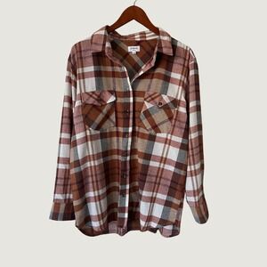 Weekends Everyday Womens Large Plaid Flannel Button Down Shirt Rust Brown L boho